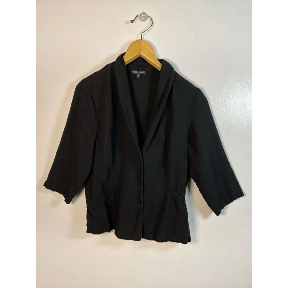 Eileen Fisher Jacket Black Linen Blend 3/4 Sleeve Women's Size Large Office Work
